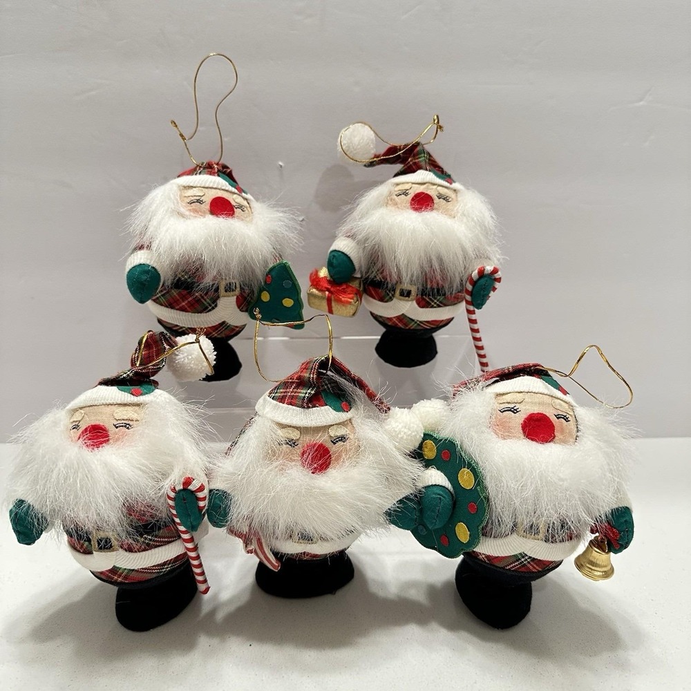 Vintage Santa Claus Plaid Egg Shaped  Christmas Tree Ornaments 5" Set Of‎ 5